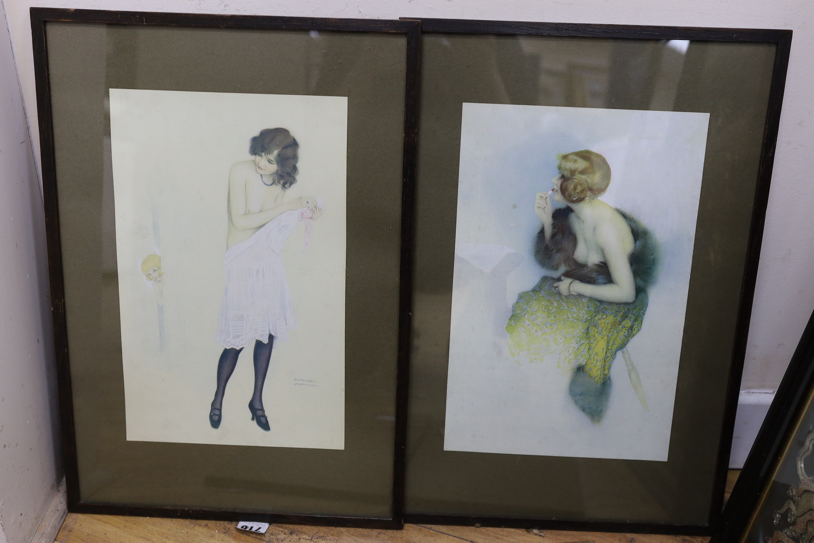 After Raphael Kirchner, pair of colour prints, Studies of beauties, 34 x 22cm and a pair of similar prints, after Leon Fontan